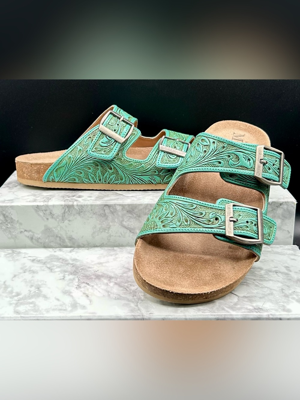 MYRA BAG Verdent Ranges Hand-Tooled Leather Sandals Turquoise - Floral. Size 8